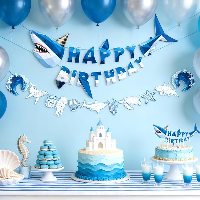SUNBEAUTY Shark Birthday Party Decorations Shark Happy Birthday Banner Ocean by SUNBEAUTY
