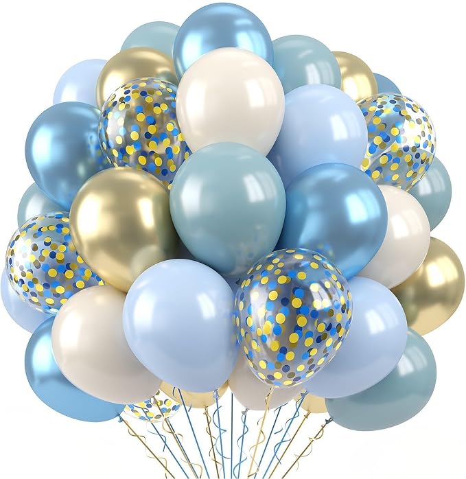 Paready Blue Balloons Set, 12 Inch Confetti Baby Blue Gold Metallic Balloon by Paready