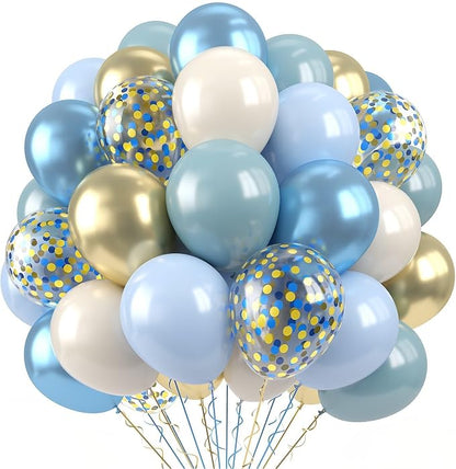 Paready Blue Balloons Set, 12 Inch Confetti Baby Blue Gold Metallic Balloon by Paready