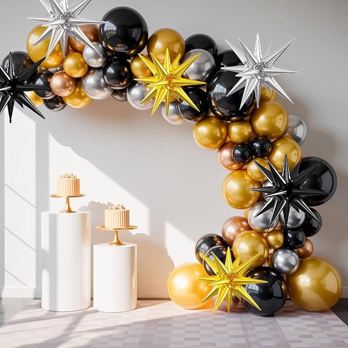 Silver Gold Black Star Balloons, 22/27 Inch Silver Black Gold Star Foil Balloons - Image 4