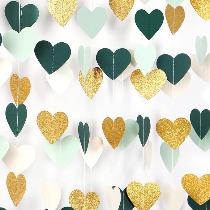Sage-Green Mint Beige-Gold Love-Heart Garland - 52Ft Rustic Wedding Hanging by Panduola