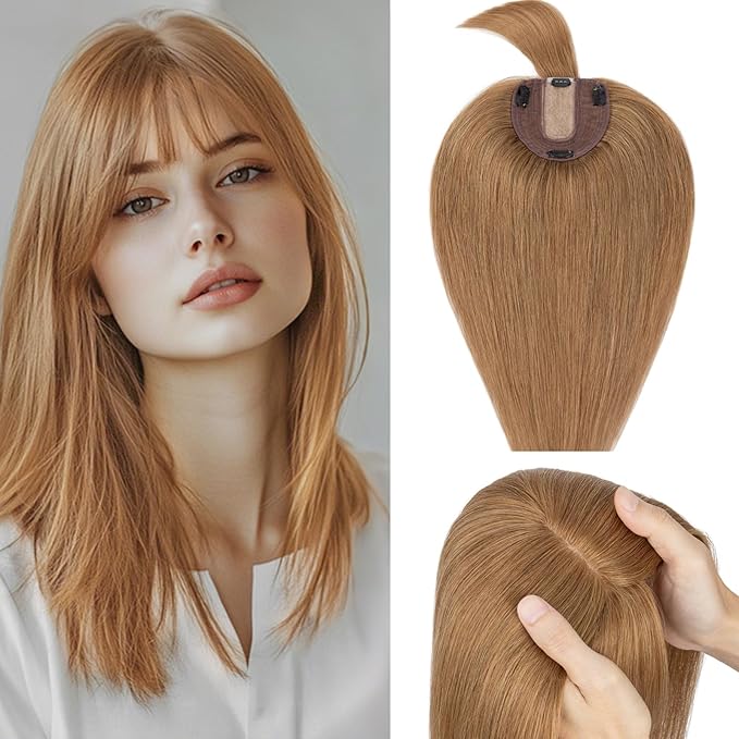 Rich Choices Real Human Hair Toppers for Women With Bang 100% Remy Human Hair Topper for Thinning Hair Clip in Silk Base Hair Topper 10 Inch #6 Light Brown