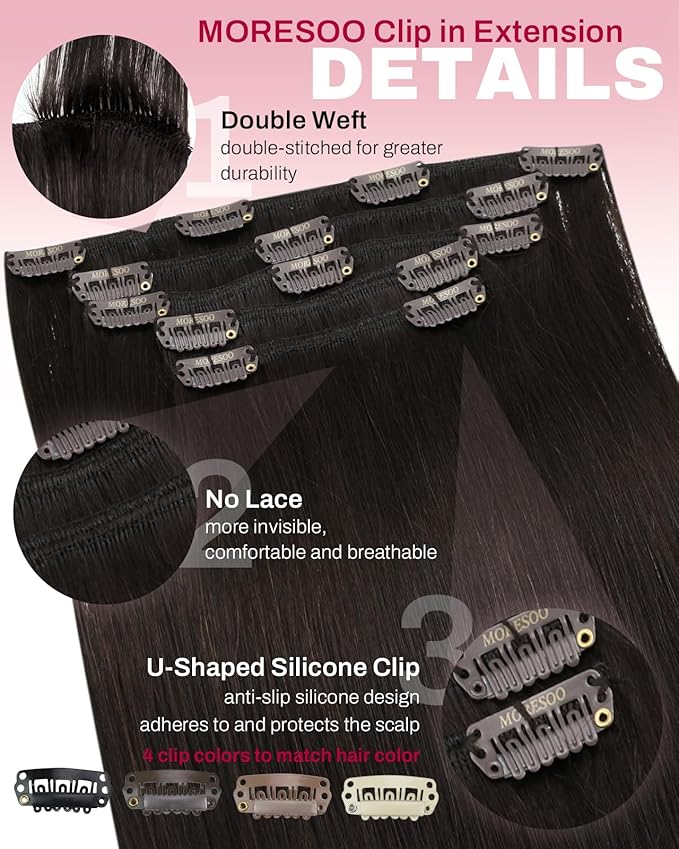 Moresoo Real Hair Extensions Clip in Human Hair Dark Brown Remy Straight Double Weft Clip in Human Hair Extensions for Women Brown 5pcs 80g 22inch