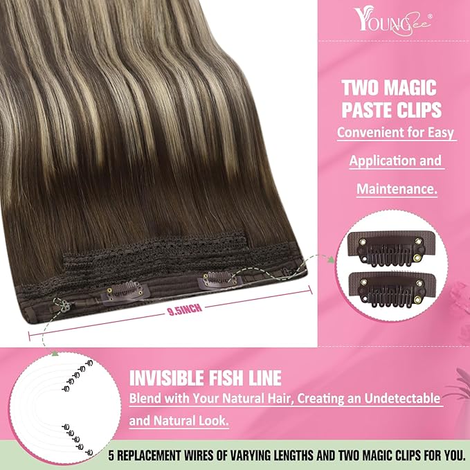 YoungSee 135G Brown Wire Hair Extensions Real Human Hair Balayage Hair Extension Invisible Wire Ombre Dark Brown with Ash Blonde Headband Hair Extension for Natural Look 24Inch