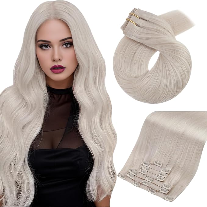 Moresoo Seamless Clip in Hair Extensions Human Hair Remy Straight PU Weft Human Hair Clip in Extensions Full Head White Blonde #60 7pcs/120g 20inch
