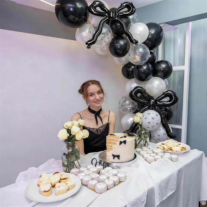 Black Bow Balloons, 12Inch Pearl Black and White Bow Print Balloon - Image 4