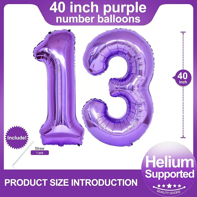 Number 13 Purple Balloons 40 Inch Giant Purple 13 Number Foil Helium Balloons - Image 2