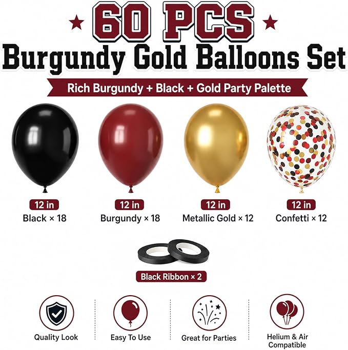 Burgundy Gold Balloons, Metallic Gold, Bachelorette Anniversary Bridal Shower - Image 2