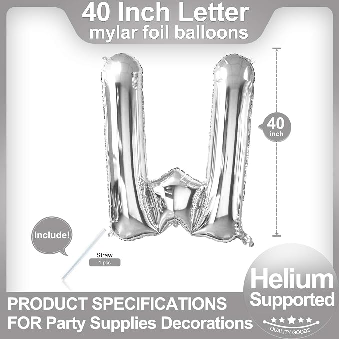 40 Inch Silver Letter W Balloons, DIY Phrase Foil Alphabet Letter W Balloons - Image 2