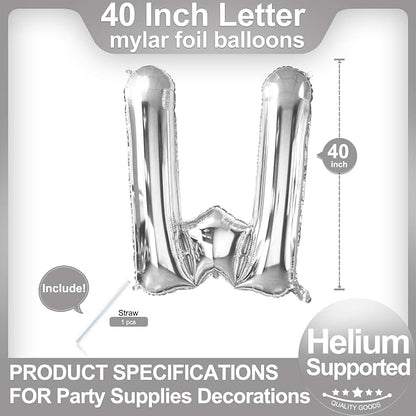 40 Inch Silver Letter W Balloons, DIY Phrase Foil Alphabet Letter W Balloons - Image 2