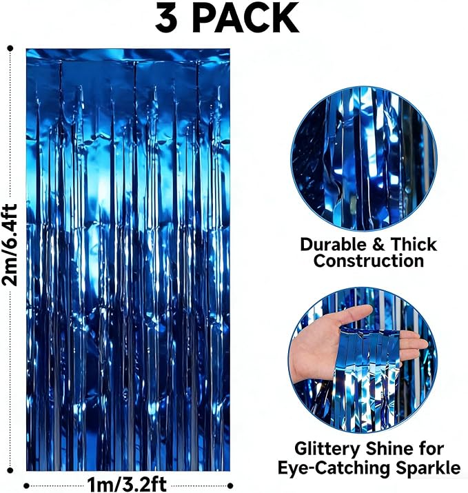 jijAcraft Metallic Blue Tinsel Foil Fringe Curtain, 3 Pack 3.2x6.5 Feet Party - Image 2
