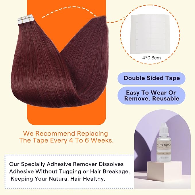 Full Shine Tape in Hair Extensions 22 Inch Color 99J Red Wine Tape Hair Extensions Real Human Hair 20PCS Seamless Remy Double Sided Extensions for Women 50g