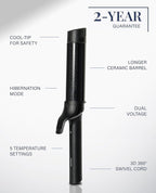 GLAMPALM Curling Iron 1 1/4" - Long Barrel Ceramic Hair Curler for Women, Korea's No.1 Salon Hot Tool, 5 Temps & 30s Heat-up, 3D Swivel Cord & Dual Voltage, Black (GP628)