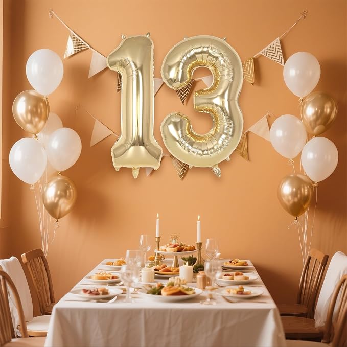 Champagne Large Number 13 Balloon, 40 Inch Light Gold Foil Helium Number - Image 3