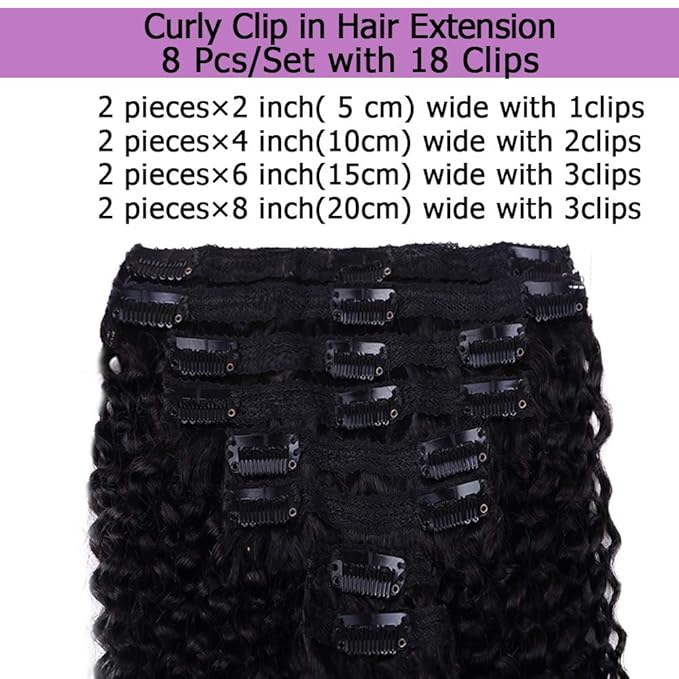 Curly Clip In Extension Human Hair 3C 4A Kinky Curly Clip Ins Full Head for Black Women Brazilian Remy Human Hair Natural Color 8Pcs with18clips 120g/Set (28 inch, curly wave)