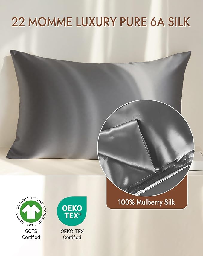 SilkSilky 100% Mulberry Silk Pillowcase - Pure 22 Momme High-Grade 6A Fibers for Hair & Skin, Envelope Closure, Natural, Organic, Breathable & Cooling Pillow Case (King, Dark Gray)