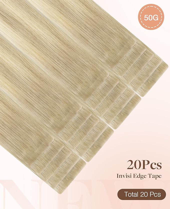 GOO GOO Invisi Edge Tape in Hair Extensions Human Hair, 18ET90A Natural Blonde Balayage 20pcs 20inch 50g, Virgin Remy Hair, Seamless Injected Tape, Natural Look