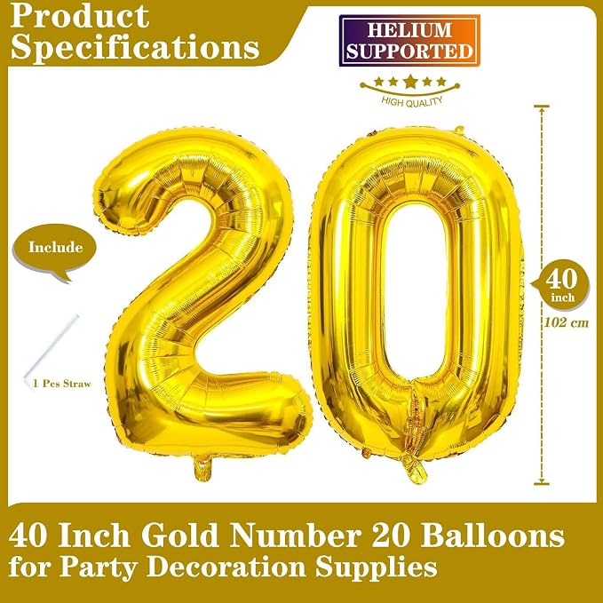 Gold 20 Number Balloons, 40 Inch Giant Number 20 Balloons Foil Mylar Helium - Image 2