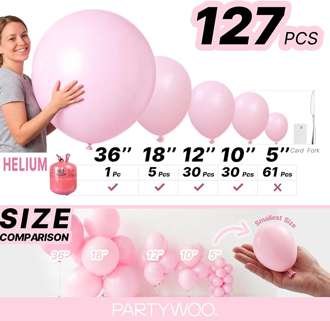 PartyWoo Light Pink Balloons 127pcs Pastel Pale Baby Pink Color | 36 18 12 10 5 - Image 6