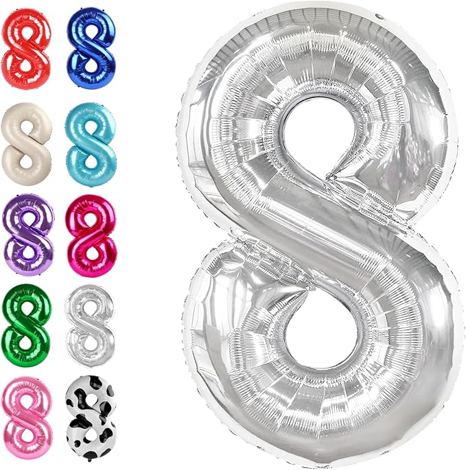 Silver Number 8 Balloon 40 inch, Balloon numbers party supplies, deco photo by Upgesy