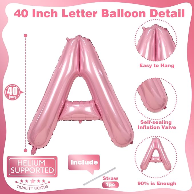 40" Balloon Letter A Pastel Pink, Large Foil Pink Letter Balloons Set A - Image 2