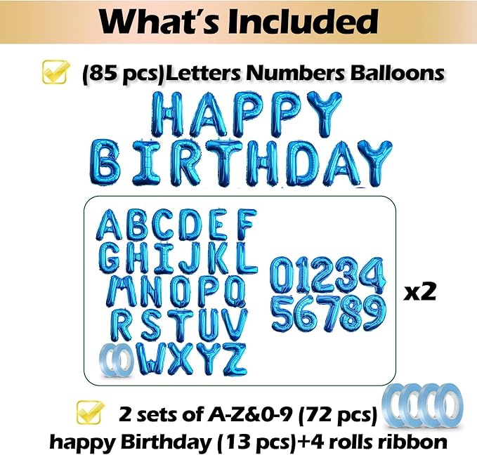 16" Blue Letter Number Balloons, Happy Birthday & 2 Sets of A-Z 0-9, Foil Mylar - Image 2