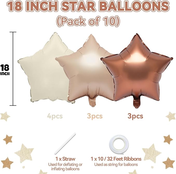 Brown Apricot Star Foil Balloons, 18 Inch Coffee Cream Beige Star Balloons - Image 2