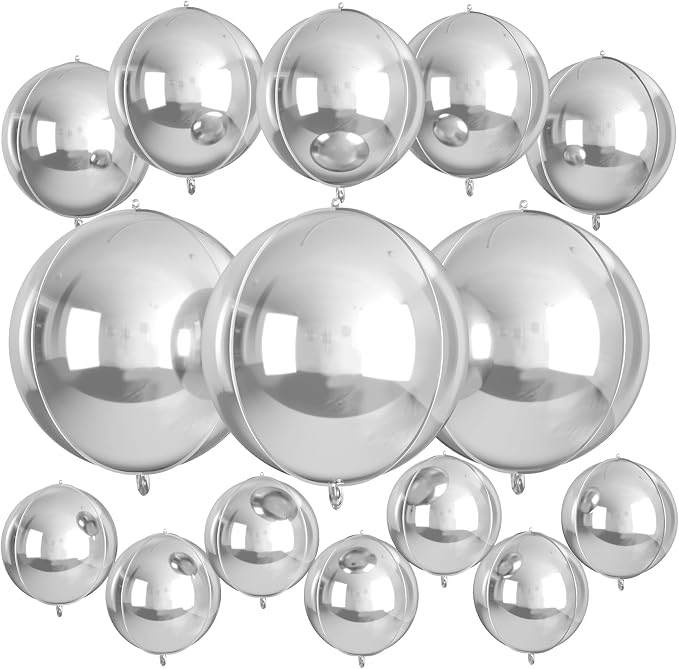 15 Pcs Silver Round Foil Balloons, 22/15/10 Inch 4D Ball Balloons Silver Ball by Sowide
