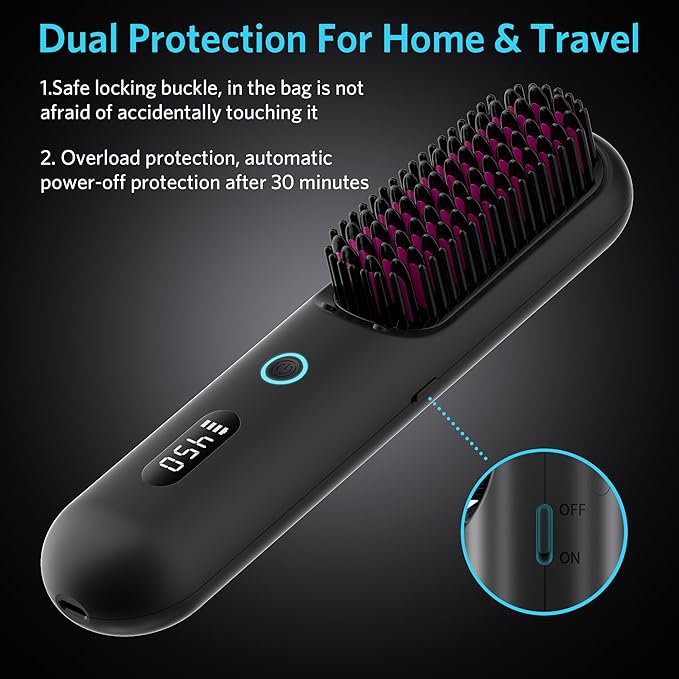 Cordless Hair Straightener Brush – Portable Ionic Hot Comb with 65W Fast Charger, Mini Travel Hair Straightening Brush for Women, Lightweight for Home Or On-The-Go Styling (Black)