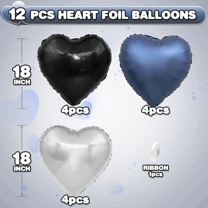 Black Blue Silver Heart Balloons, 18Inch Blue Silver Helium Balloon - Image 2