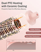 Thermal Brush for Blowout Look, 360° Airflow Heated Round Brush with 2× Negative Ions Release for Less Frizzy, 1.5 Inch Dual Voltage Heated Curling Brush for Travel, Dual PTC Technology, Pink
