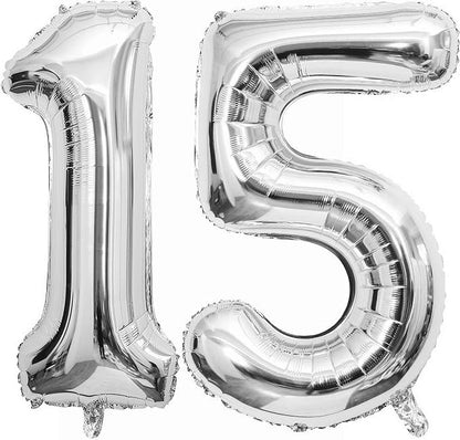 Silver 15 Number Balloons, 40 Inch Giant Number 15 Balloons Foil Mylar Helium by Lovoir
