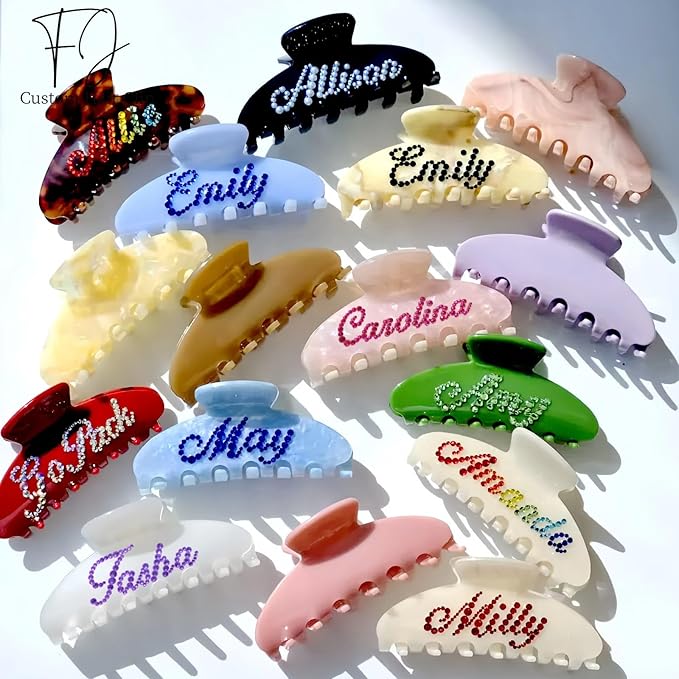 Personalized Colorful Name Hair Claw Clips for Women,Custom Hair Clips with Diamond,Cute Hair Accessories 4",Handmade Rhinestones Hair Clamp Gifts for Mom,Bride,Wife,Bridesmaid（Jelly White Glitter）
