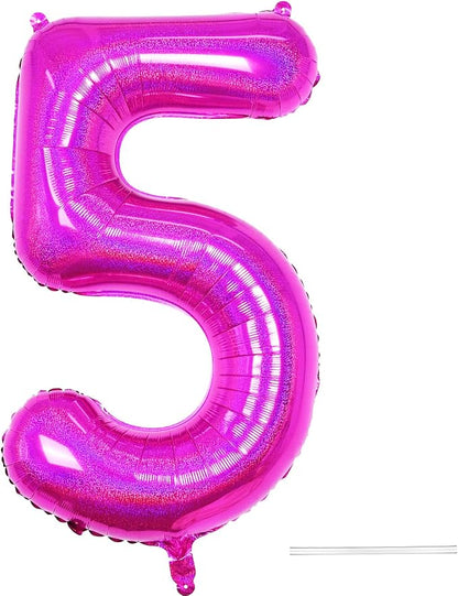 Hot Pink 5 Balloon, 40 Inch Large Laser Hot Pink Foil Helium Number Balloons 0-9 by KYGNE