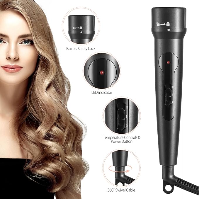 Curling Iron Wand, 3 in 1 Curling Wand Set with Ceramic Barrel for Long/Medium Hair, 0.35"-1.25" Interchangeable Hair Curler Wand, Dual Voltage, Includes Glove & Clips