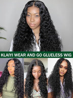 KLAIYI Water Wave Bye Bye Knots Glueless Wig Human Hair 7x5Precut Lace Front Pre Plucked Bleached Wear and Go Wig with Curly Baby Hair Drawstring 3S Ready to Go Pre Everything Beginner Friendly 16Inch
