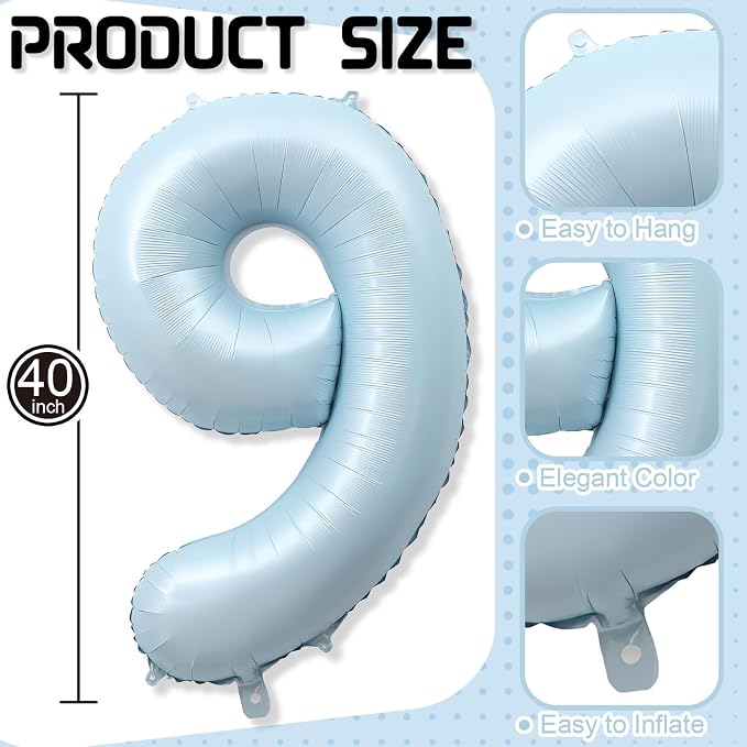 Big Number 9 Balloons, Light Sky Blue Foil 9 Balloon Numbers 40 Inch, Giant 9th - Image 2