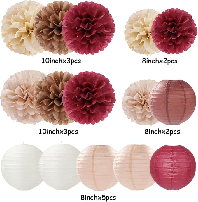 Burgundy-Brown Champagne Party-Decorations Paper-Flowers Lanterns - Image 6