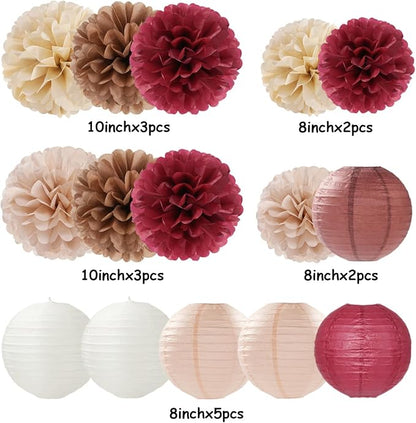 Burgundy-Brown Champagne Party-Decorations Paper-Flowers Lanterns - Image 6