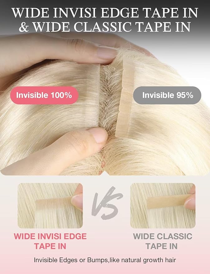 DOORES Invisi Edge Wide Tape in Hair Extensions Real Human Hair, Platinum Blonde 4PCS Injection Tape ins 20g 20 Inch, Invisible Injected 3 Inch Wide Human Extensions Straight