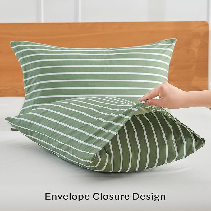 JELLYMONI 100% Natural Cotton Striped King Pillowcases Set, 2 Pack Green and White Stripes Pattern Printed Pillow Covers with Envelope Closure(Pillows are not Included)