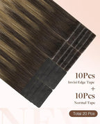 GOO GOO Invisi Edge Tape in Hair Extensions Human Hair, 2/6/18 Balayage Brown to Dirty Blonde 10pcs injected with 10pcs classical tape ins, 18inch 50g, Virgin Remy Hair, Natural Look