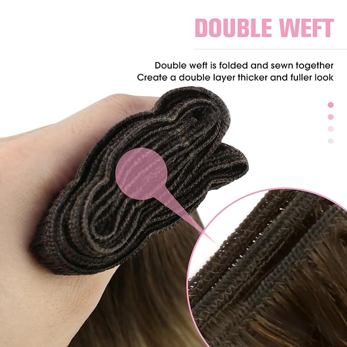 YoungSee Sew in Hair Extensions Real Human Hair Brown Ombre Human Hair Weft Extensions Dark Brown Roots to Medium with Blonde Hair Extension Sew in Long Straight Hair 100G 22Inch