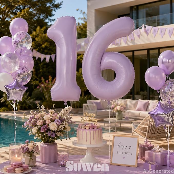 SUWEN 40 Inch Light Purple Lavender Big 16 Balloon Number Foil Helium 0-9 | - Image 3