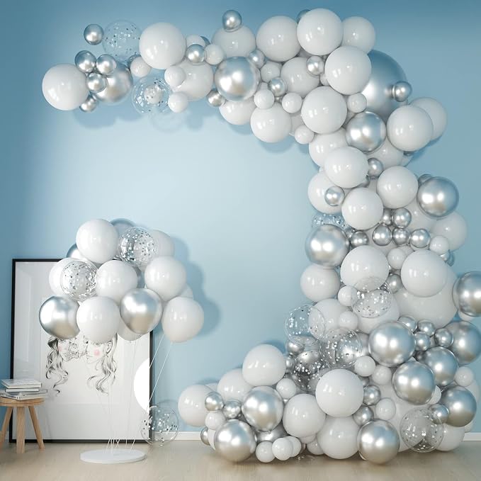 White and Silver Balloons Garland Arch Kit 5"10 Inch 12" White Silver Metallic by OuMuaMua