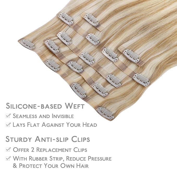 WENNALIFE Seamless Clip In Hair Extensions, 18 Inch 130g 7pcs Dirty Blonde Highlighted Bleach Blonde Hair Extensions Clip in Human Hair Invisible PU Skin Weft Natural Remy Human Hair Extensions