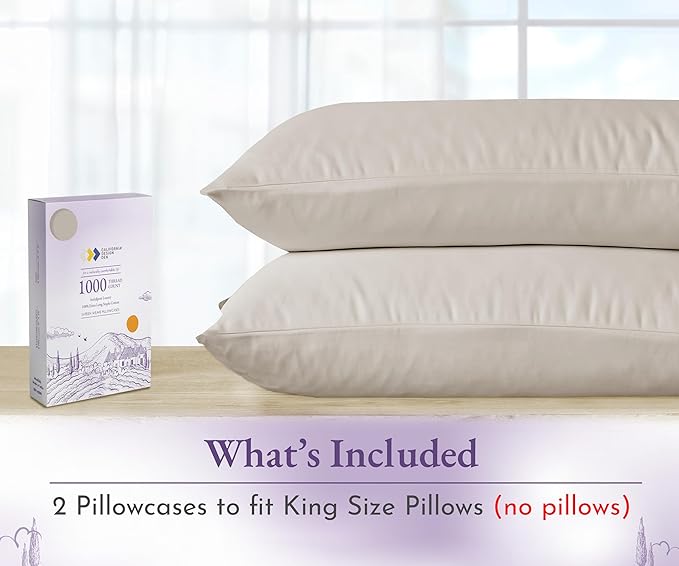 California Design Den Pillow Cases King Size Set of 2-1000 Thread Count Sateen, Soft and Thick 100% Cotton King Pillowcases, Durable - Beige (Sand Tone)