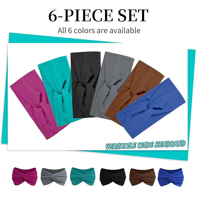 Eyesoul Headbands for Women, Non Silp Wide Hair Bands, Elastic Thick Head Bands, Stretchy Soft Sports Sweat Bands for Spa Workout Running Gym, Cotton Cloth Band 6Pcs