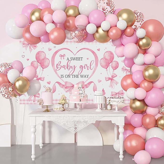 Mocsicka Pink Bow Baby Shower Banner Backdrop - Image 4