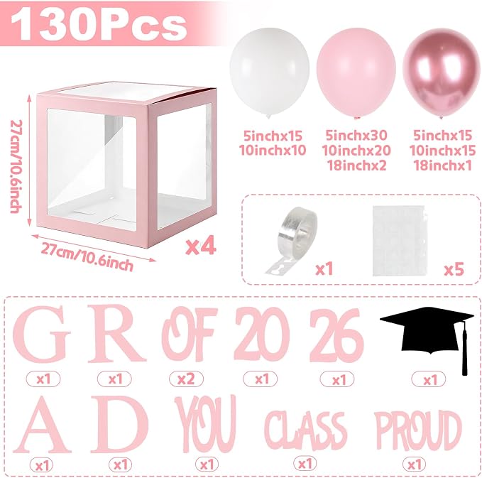 Graduation Decorations 2026, PROUD OF YOU, Class of 2026 and 130pcs Light Pink - Image 2